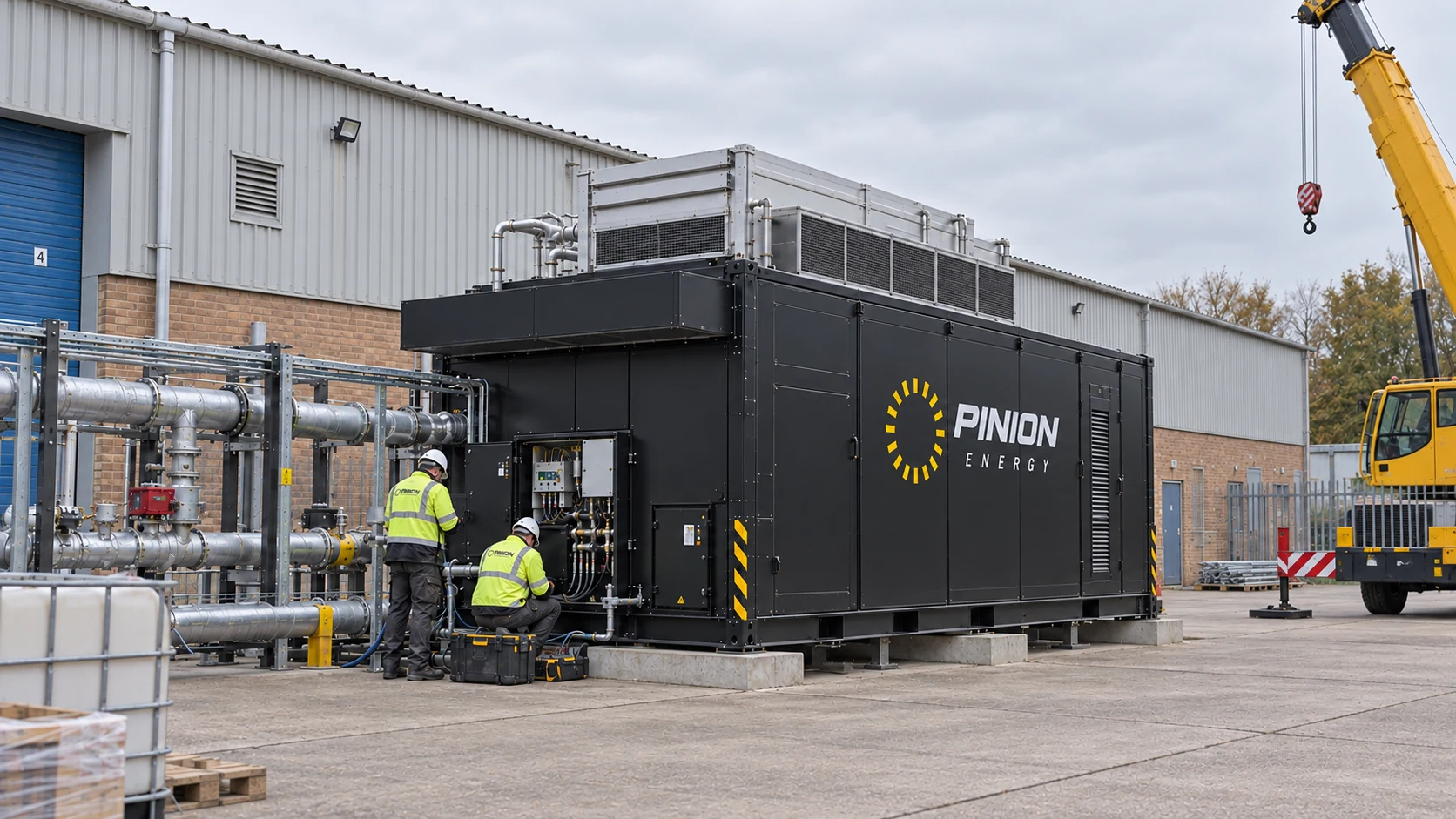 Pinion engineers commissioning a container unit — campaign visualisation