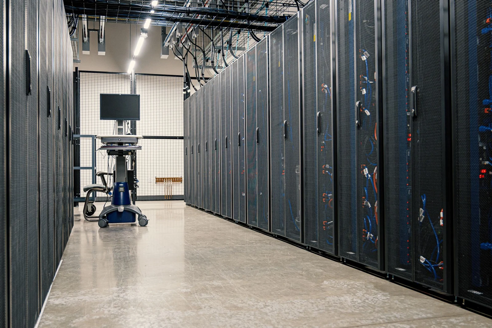 Rows of server cabinets in a data centre