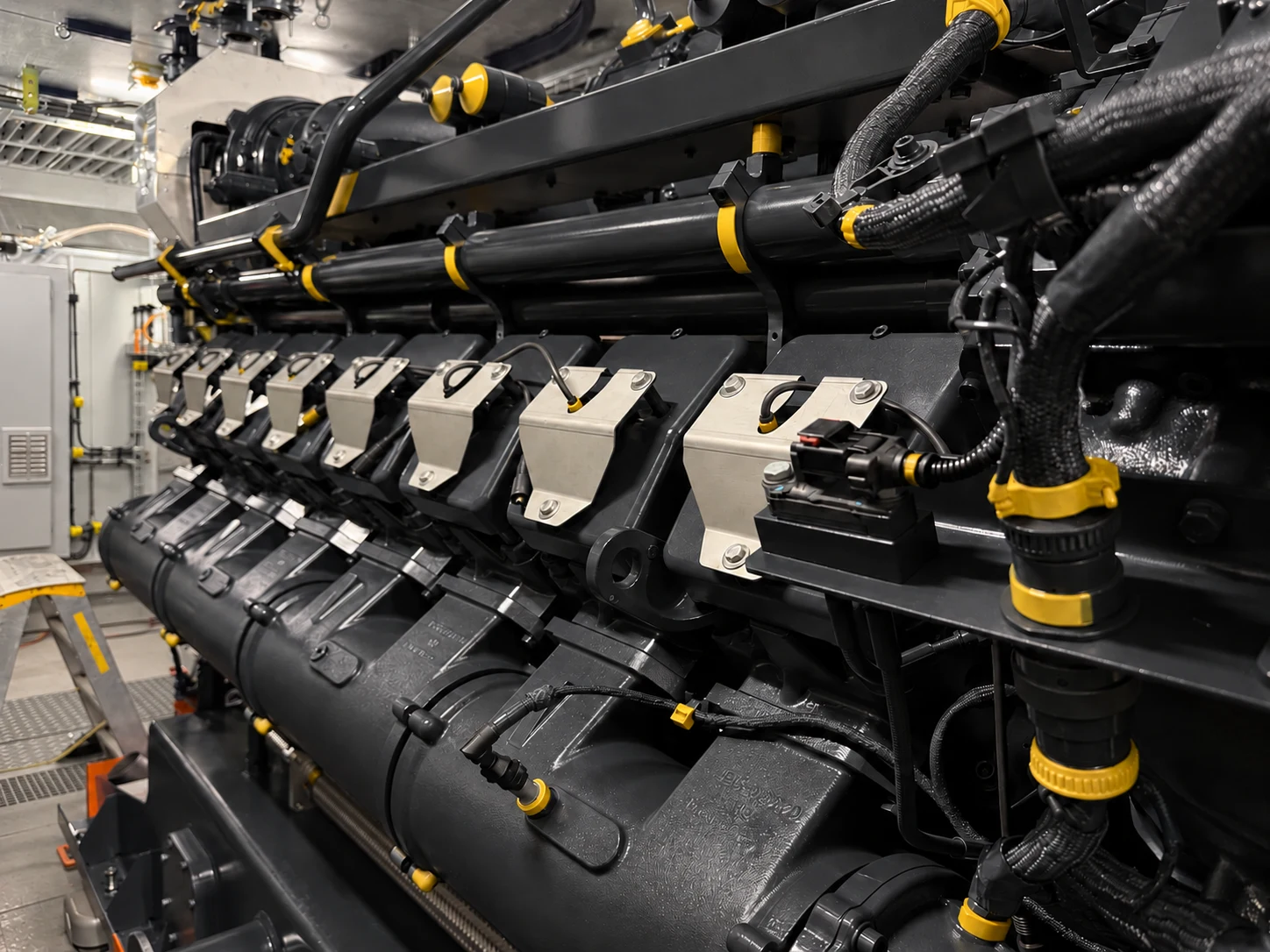 Pinion CHP engine inside its enclosure, showing pipework and cylinder covers
