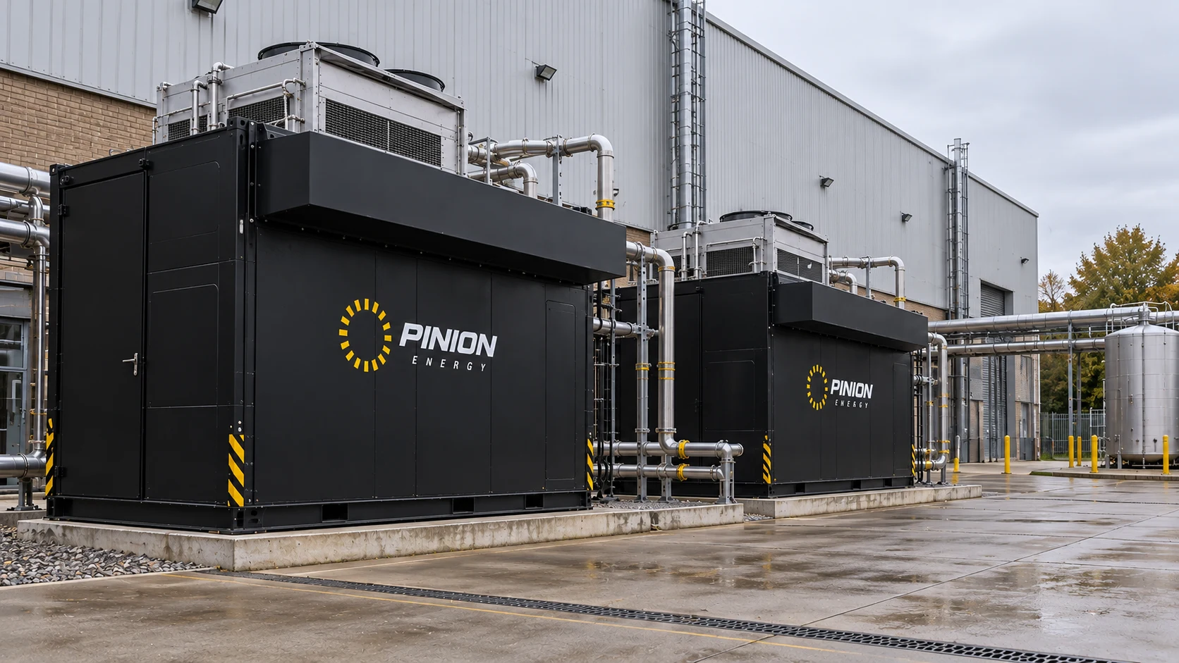 Two Pinion container units beside an industrial building